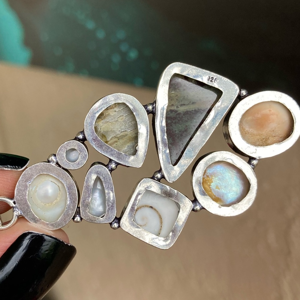 925 sterling silver overlay charm Pearl abalone fossil shiva eye shell necklace. - Picture 7 of 11